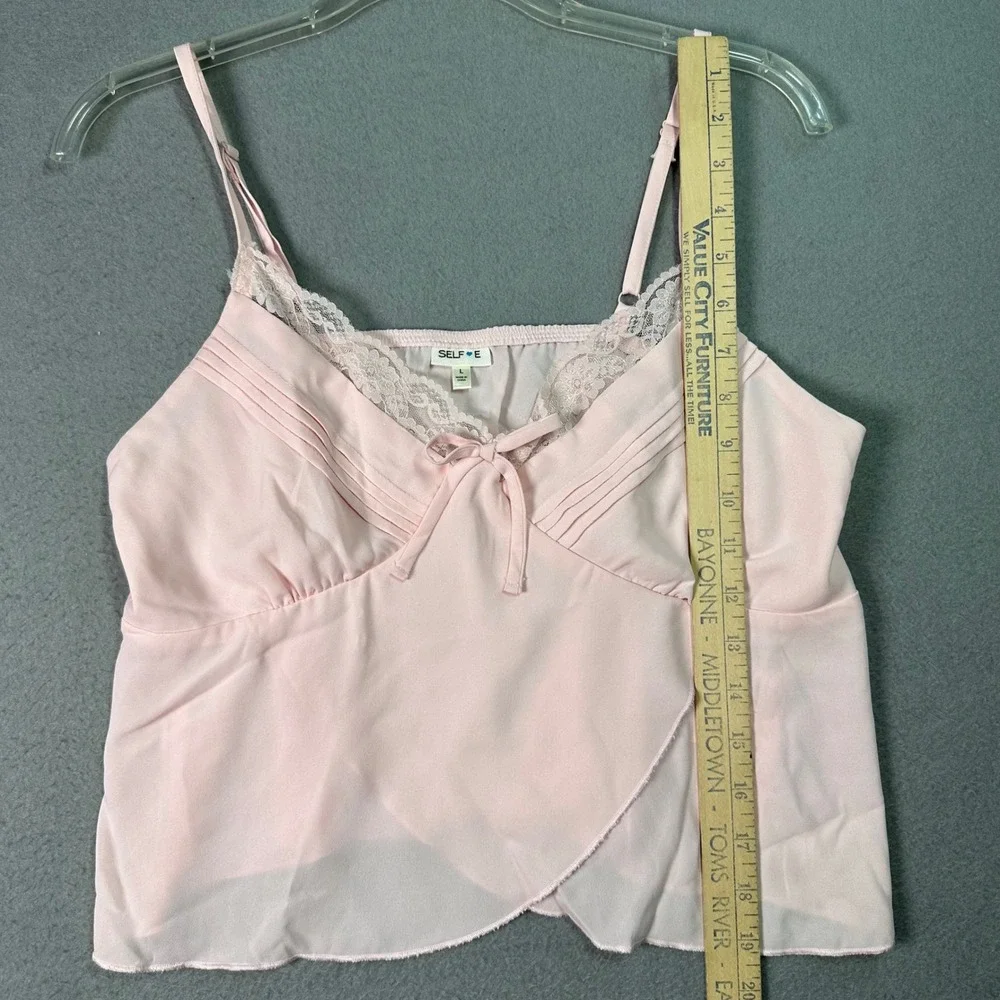 Selfie Y2K Ballerina Lace Trim Camisole Bow Pintuck Chiffon‎ Top Coquette Pink L
